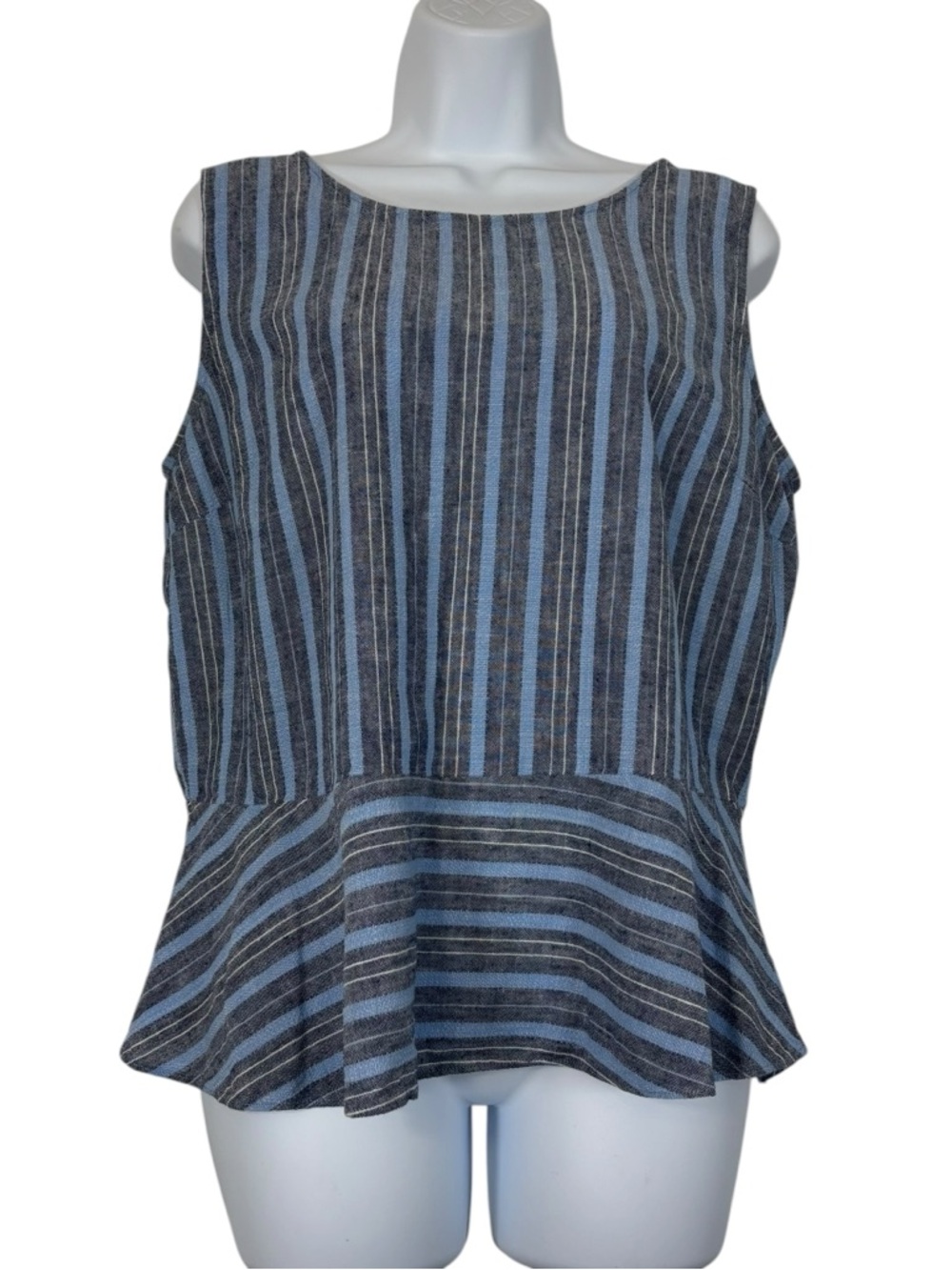 Talbots Linen Blend Blue and Gray Striped Peplum Tank Top SzL Classic Summer